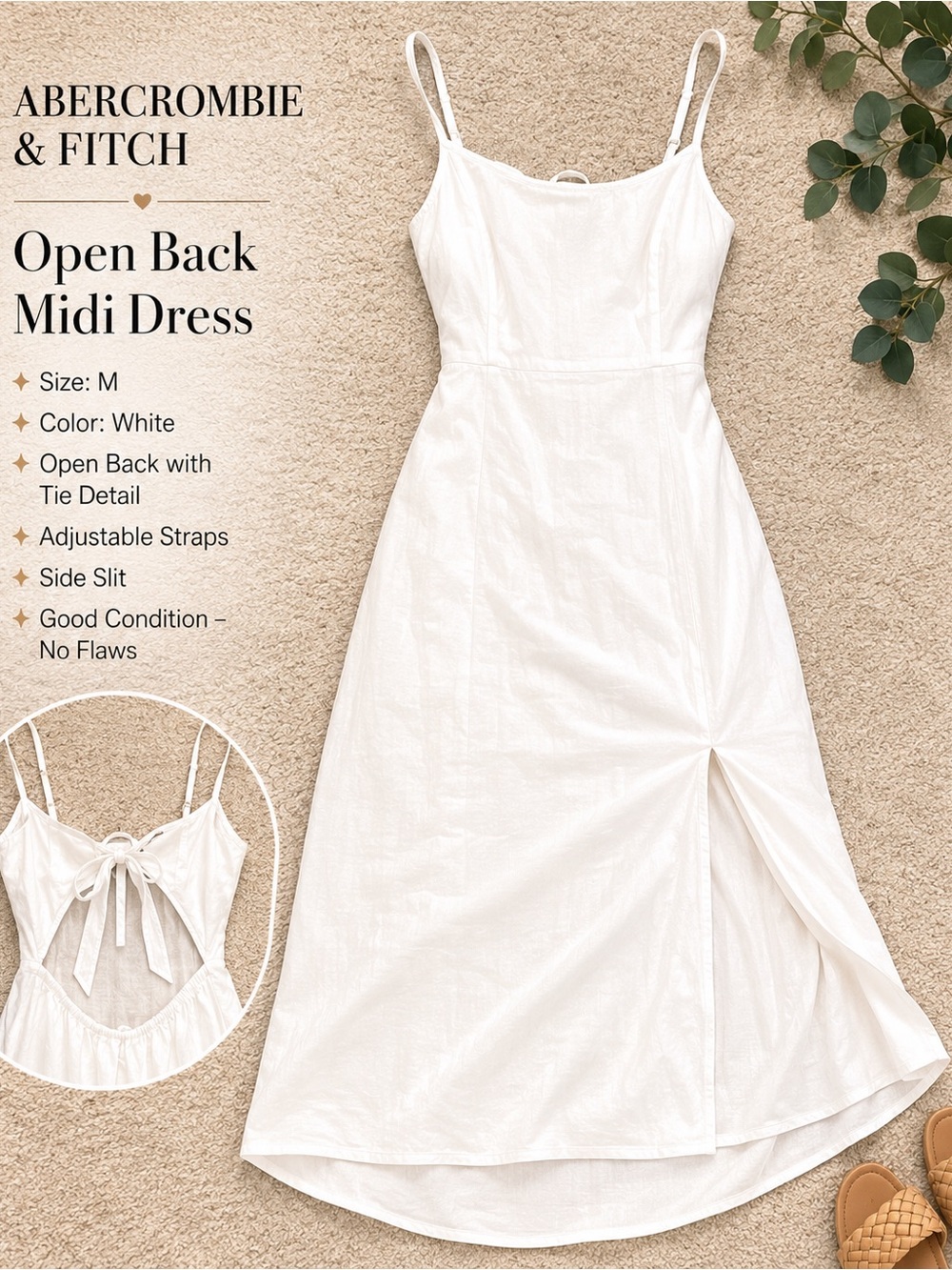 Abercrombie & Fitch White Open-Back Tie Midi Dress